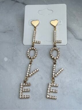 🚨3 for $15🚨 Gold Tone Rhinestone LOVE Letter Dangle Earrings with Heart Stud